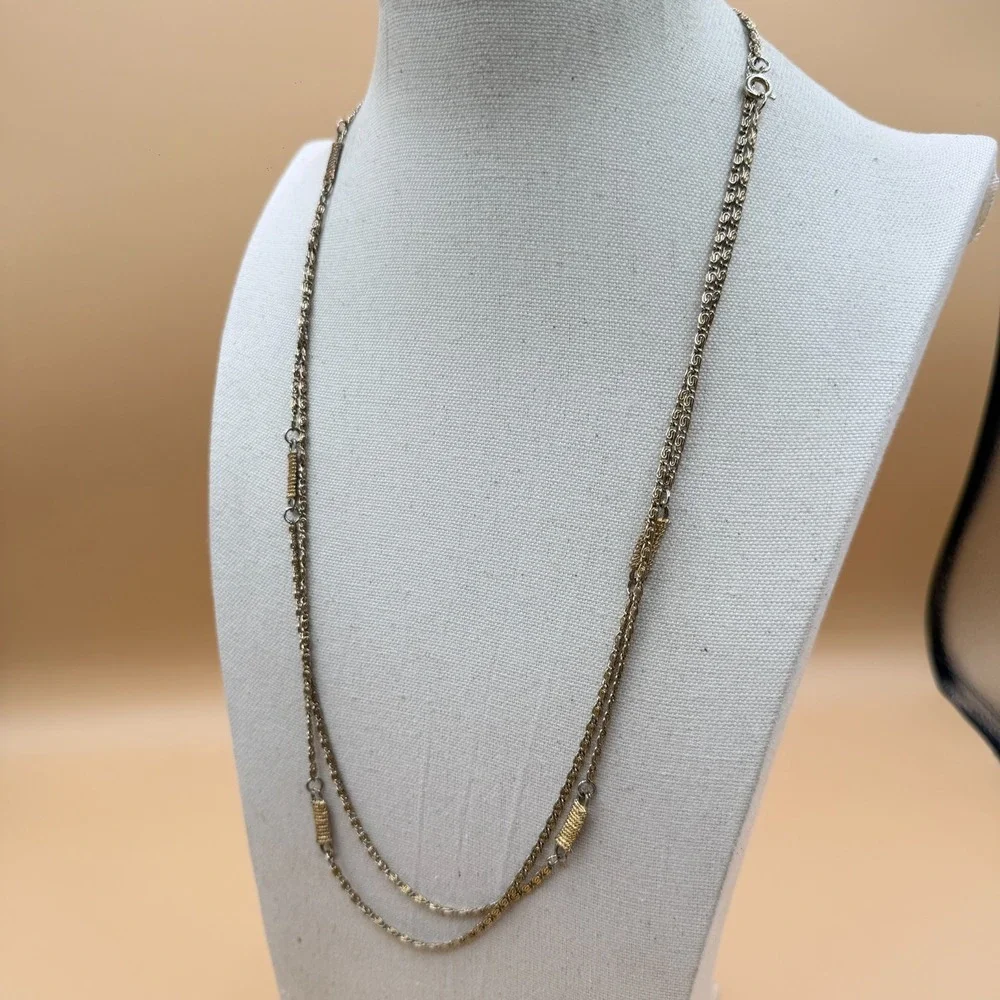 Two Tone Silver & Gold Tone Double Strand Byzantine Chain Necklace Statement